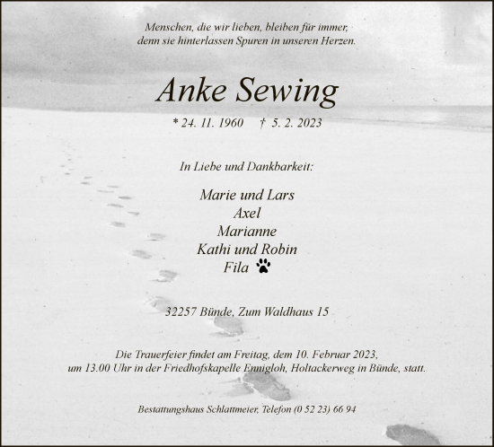 Traueranzeige von Anke Sewing von Neue Westfälische