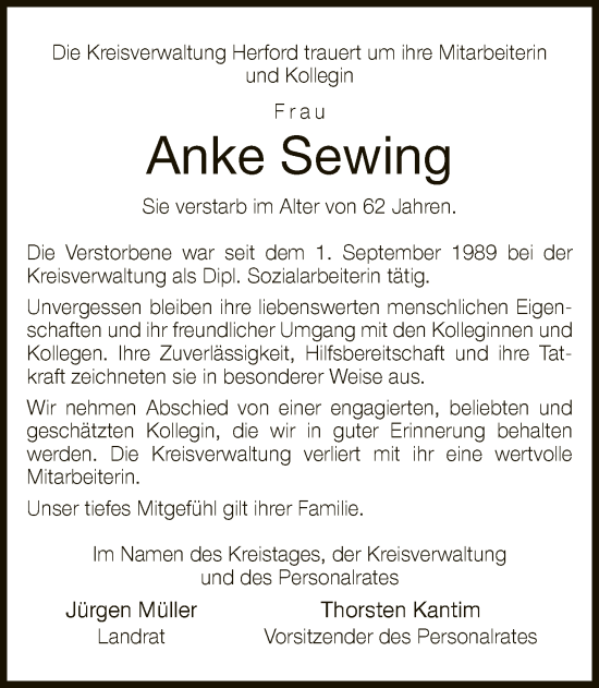 Traueranzeige von Anke Sewing von Neue Westfälische
