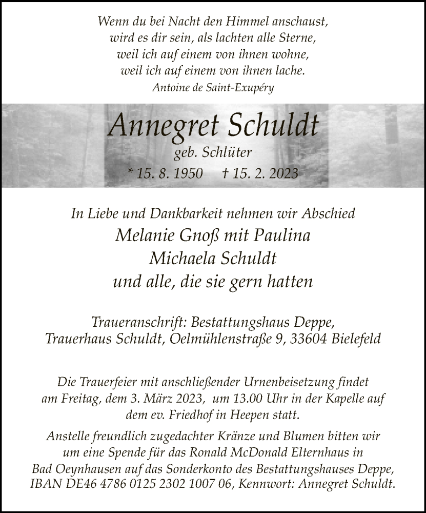  Traueranzeige für Annegret Schuldt vom 18.02.2023 aus Neue Westfälische