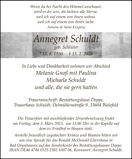 Traueranzeige von Annegret Schuldt von Neue Westfälische