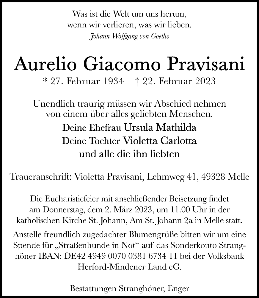  Traueranzeige für Aurelio Giacomo Pravisani vom 28.02.2023 aus Neue Westfälische