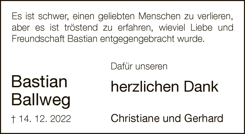  Traueranzeige für Bastian Ballweg vom 25.02.2023 aus Neue Westfälische