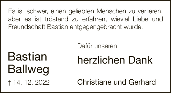 Traueranzeige von Bastian Ballweg von Neue Westfälische