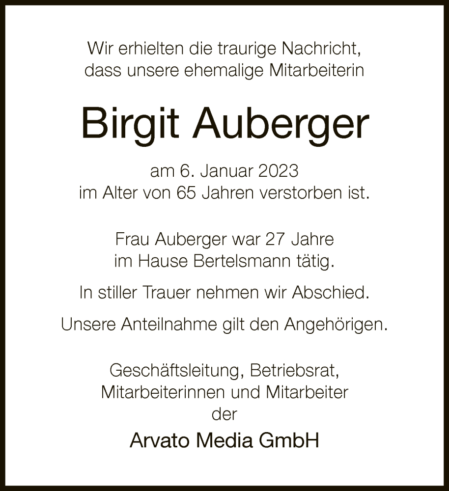  Traueranzeige für Birgit Auberger vom 04.02.2023 aus Neue Westfälische