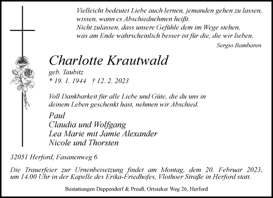 Traueranzeige von Charlotte Krautwald von Neue Westfälische