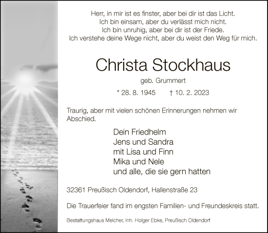 Traueranzeige von Christa Stockhaus von Neue Westfälische