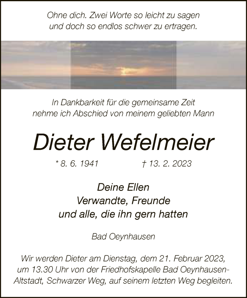  Traueranzeige für Dieter Wefelmeier vom 21.02.2023 aus Neue Westfälische