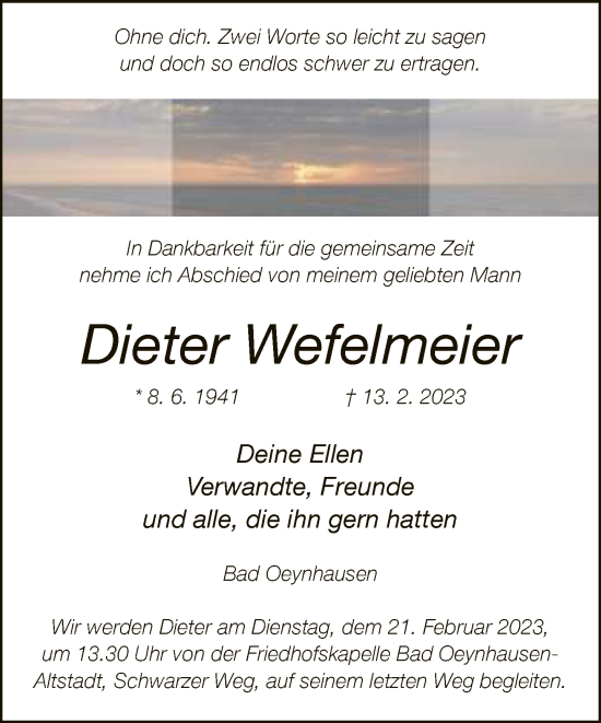 Traueranzeige von Dieter Wefelmeier von Neue Westfälische