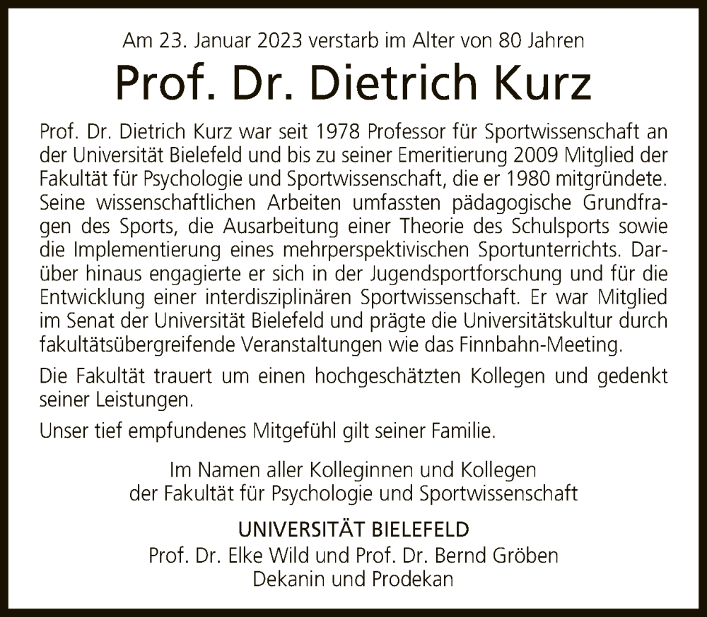  Traueranzeige für Dietrich Kurz vom 04.02.2023 aus Neue Westfälische