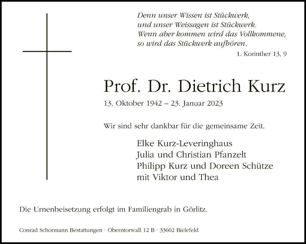  Traueranzeige für Dietrich Kurz vom 04.02.2023 aus Neue Westfälische
