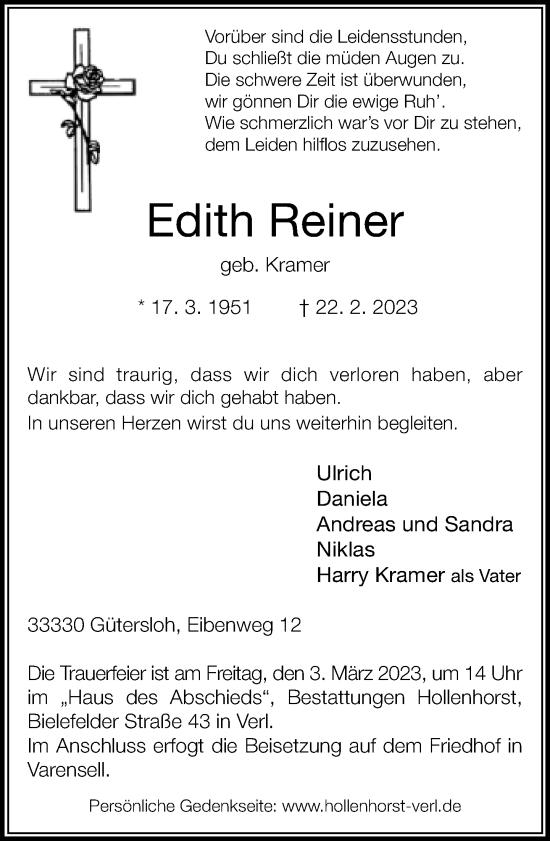 Traueranzeige von Edith Reiner von Neue Westfälische
