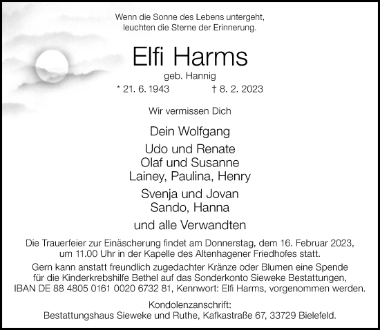 Traueranzeige von Elfi Harms von Neue Westfälische