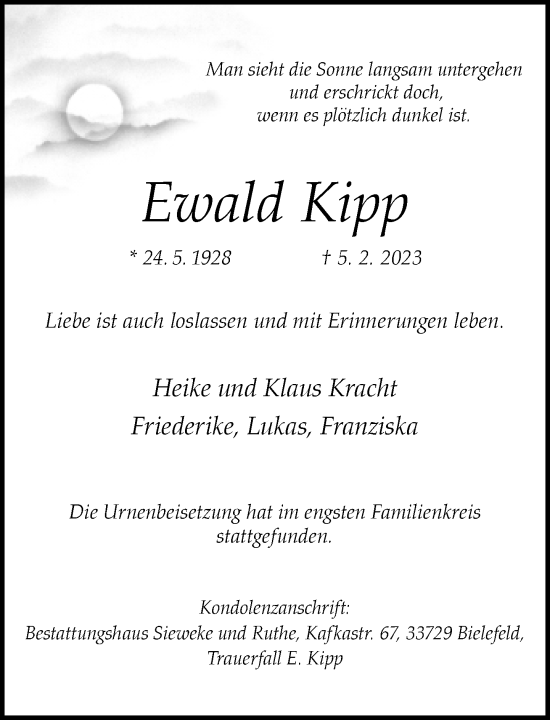 Traueranzeige von Ewald Kipp von Neue Westfälische