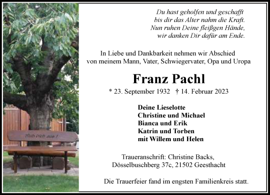 Traueranzeige von Franz Pachl von Neue Westfälische