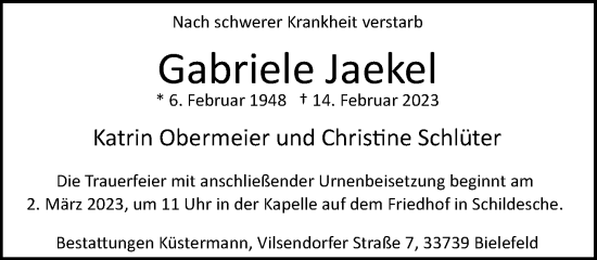 Traueranzeige von Gabriele Jaekel von Neue Westfälische