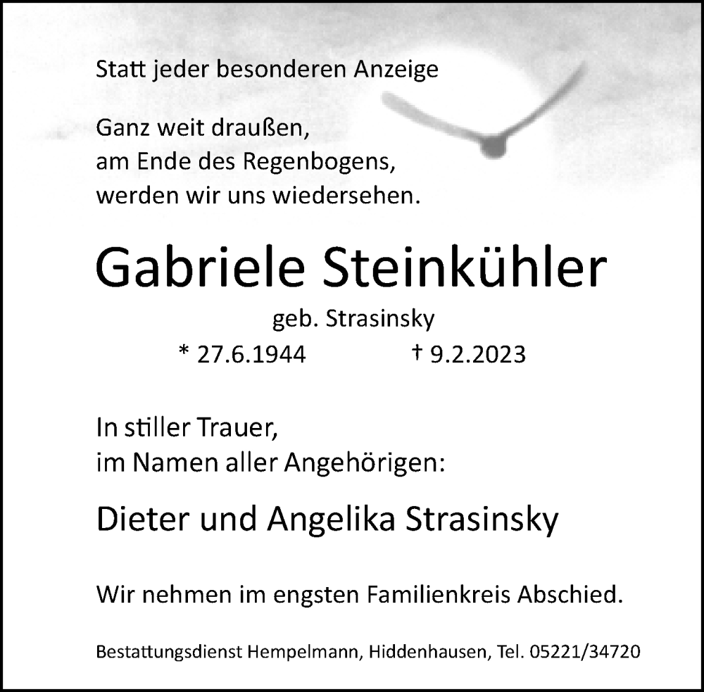  Traueranzeige für Gabriele Steinkühler vom 18.02.2023 aus Neue Westfälische