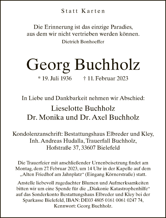Traueranzeige von Georg Buchholz von Neue Westfälische