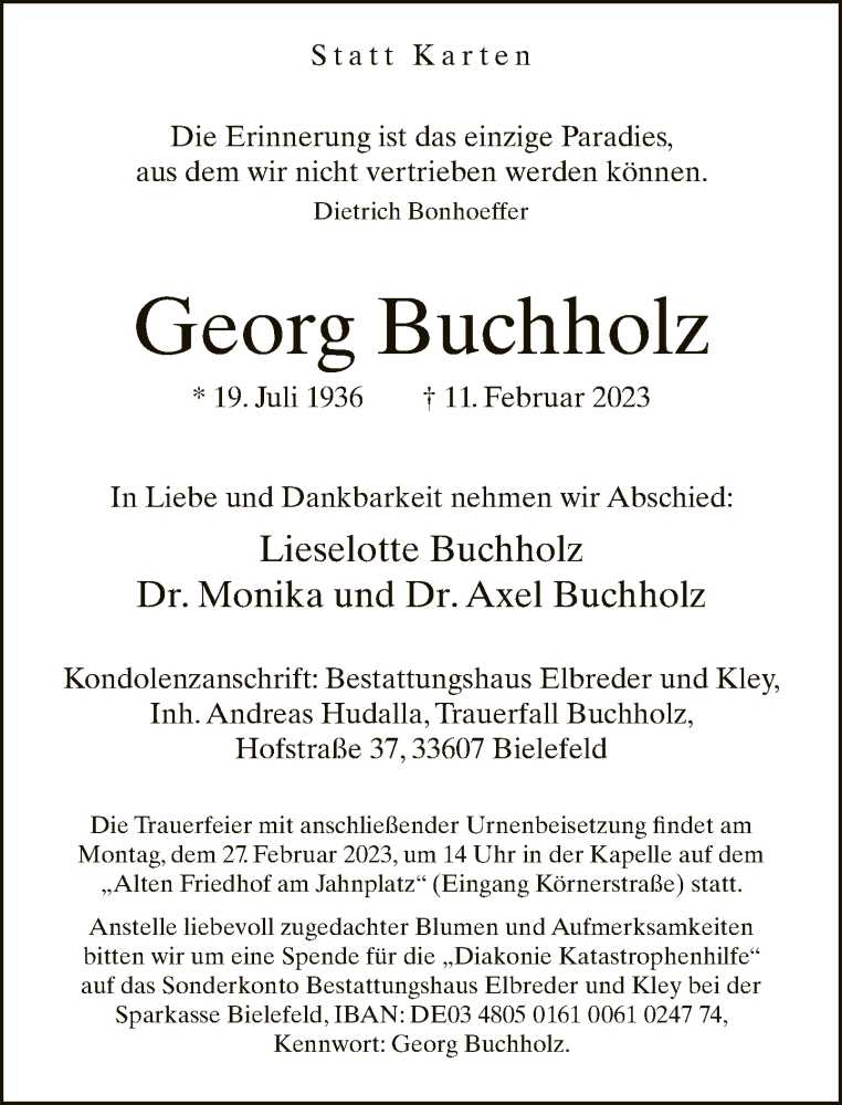  Traueranzeige für Georg Buchholz vom 18.02.2023 aus Neue Westfälische