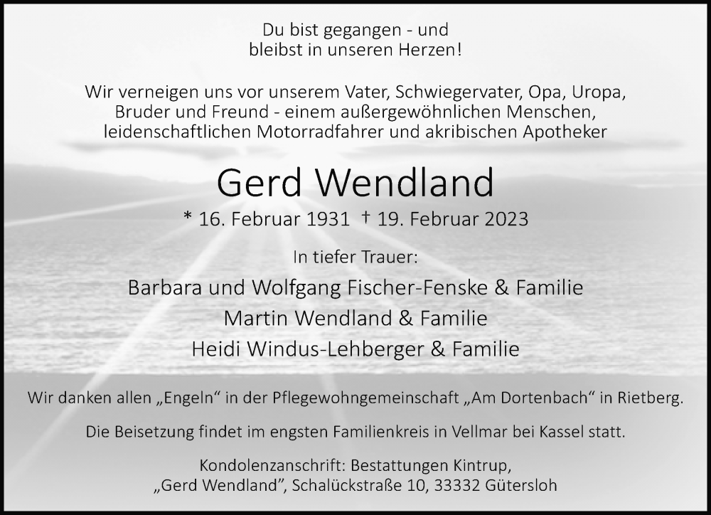  Traueranzeige für Gerd Wendland vom 25.02.2023 aus Neue Westfälische