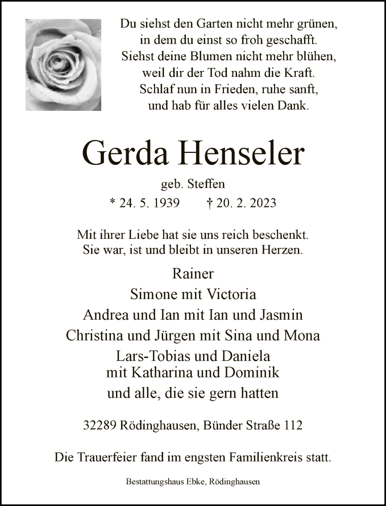  Traueranzeige für Gerda Henseler vom 25.02.2023 aus Neue Westfälische