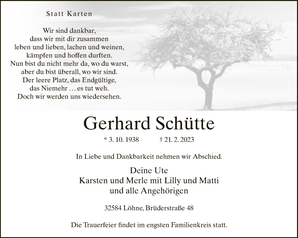  Traueranzeige für Gerhard Schütte vom 25.02.2023 aus Neue Westfälische