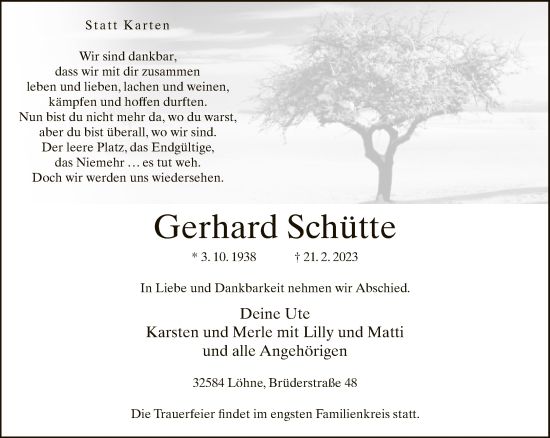 Traueranzeige von Gerhard Schütte von Neue Westfälische