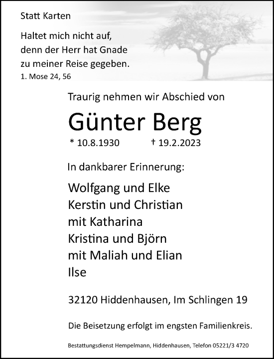 Traueranzeige von Günter Berg von Neue Westfälische