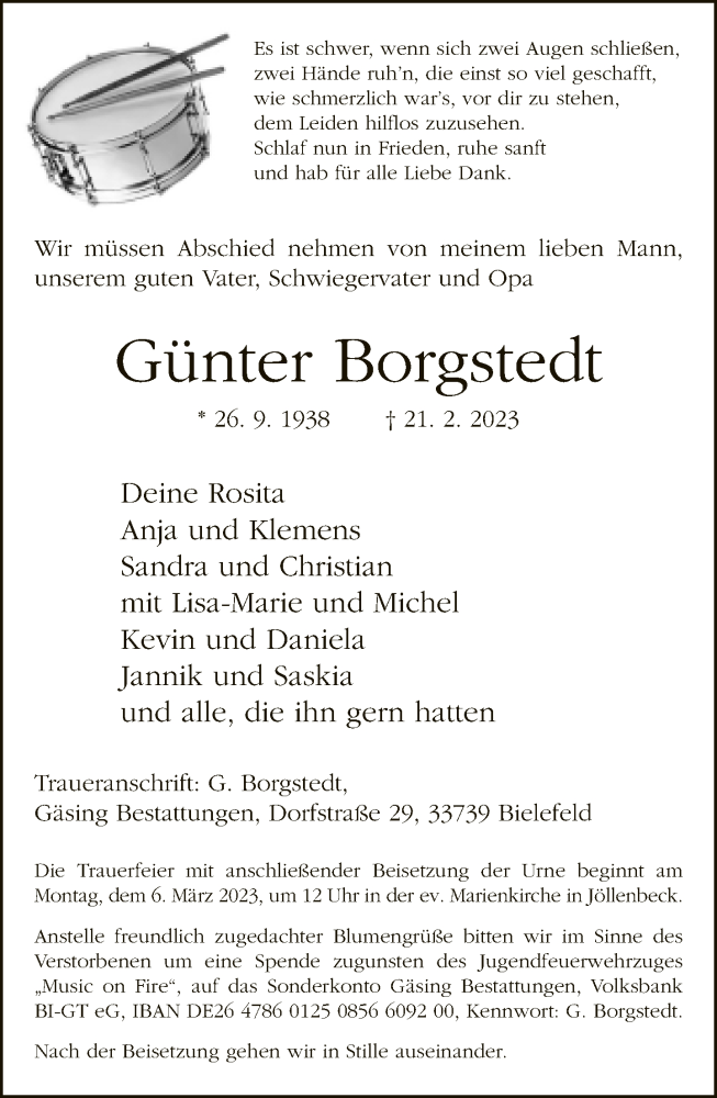  Traueranzeige für Günter Borgstedt vom 25.02.2023 aus Neue Westfälische