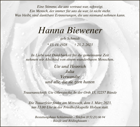 Traueranzeige von Hanna Biewener von Neue Westfälische