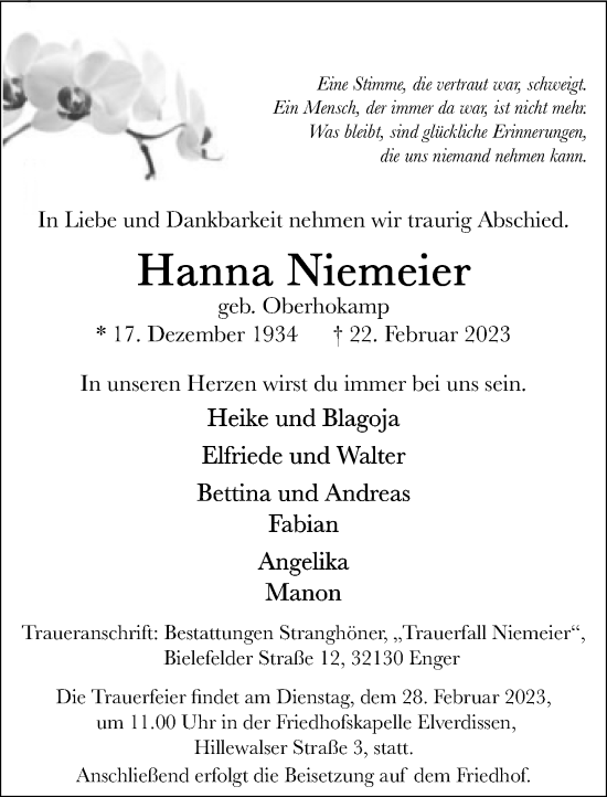 Traueranzeige von Hanna Niemeier von Neue Westfälische