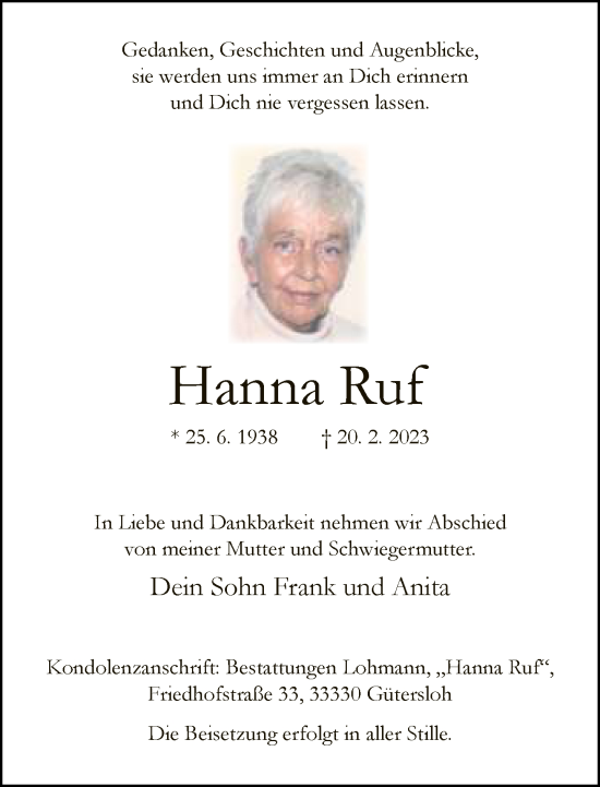 Traueranzeige von Hanna Ruf von Neue Westfälische