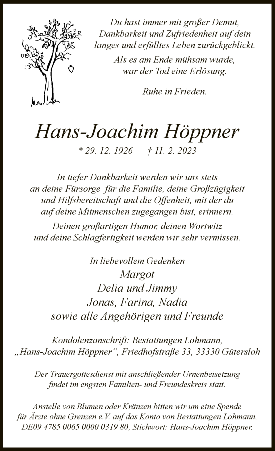 Traueranzeige von Hans-Joachim Höppner von Neue Westfälische