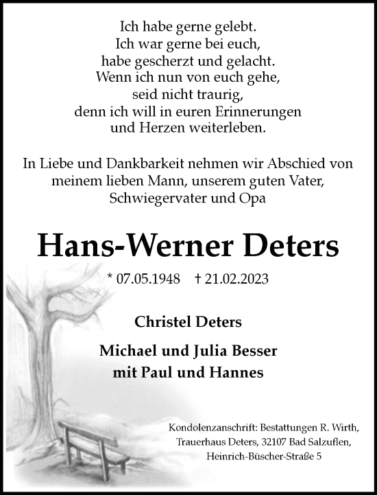 Traueranzeige von Hans-Werner Deters von Neue Westfälische