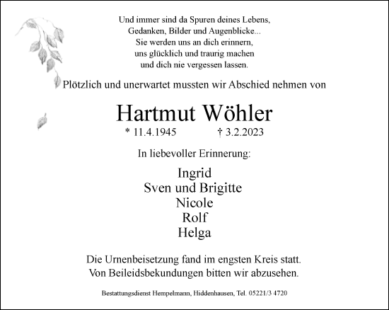 Traueranzeige von Hartmut Wöhler von Neue Westfälische