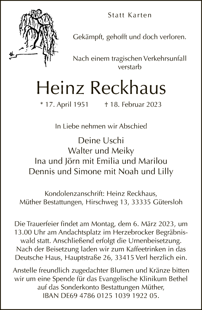  Traueranzeige für Heinz Reckhaus vom 28.02.2023 aus Neue Westfälische