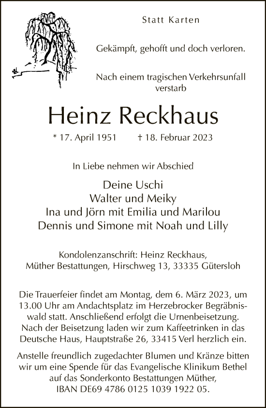 Traueranzeige von Heinz Reckhaus von Neue Westfälische