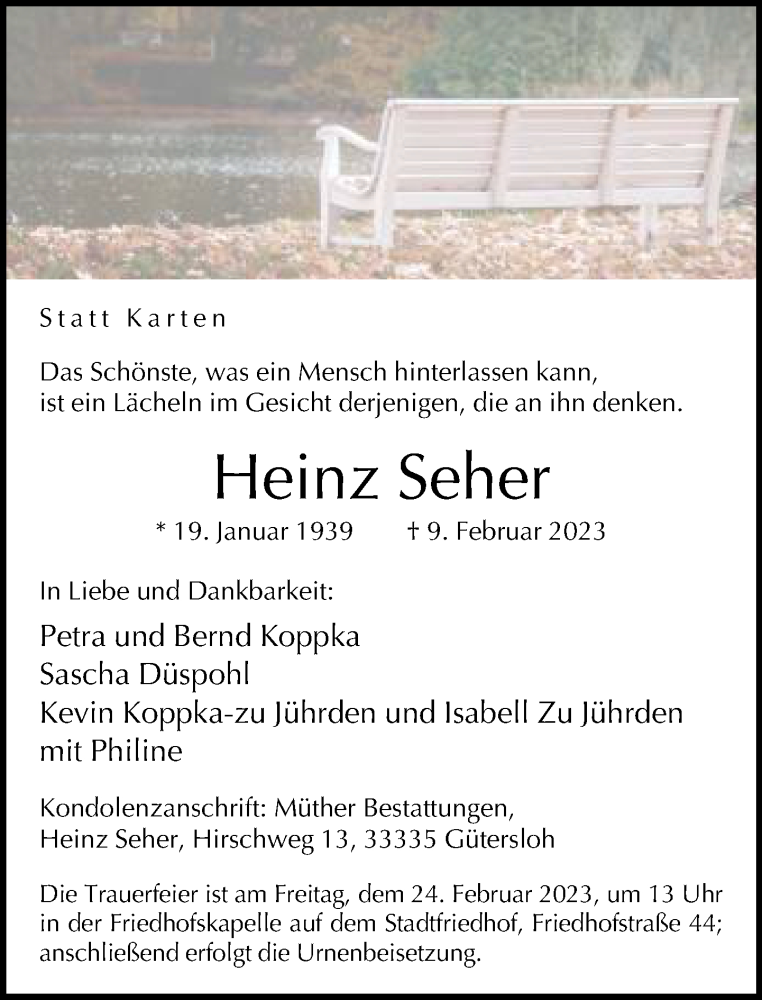  Traueranzeige für Heinz Seher vom 18.02.2023 aus Neue Westfälische