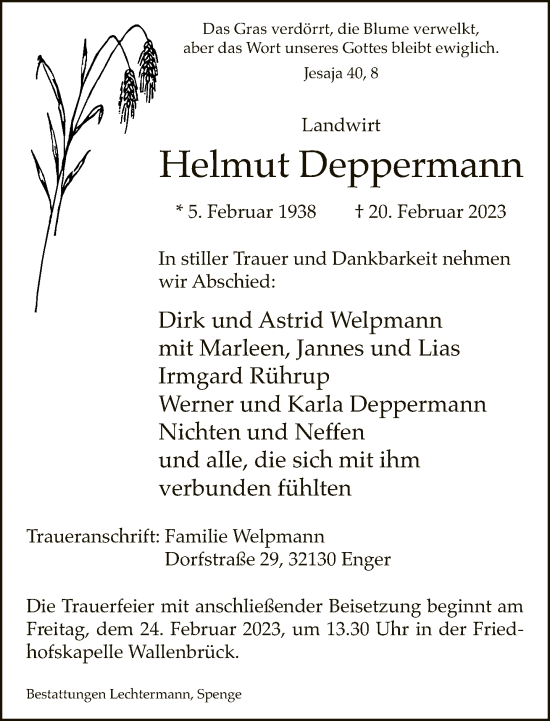 Traueranzeige von Helmut Deppermann von Neue Westfälische