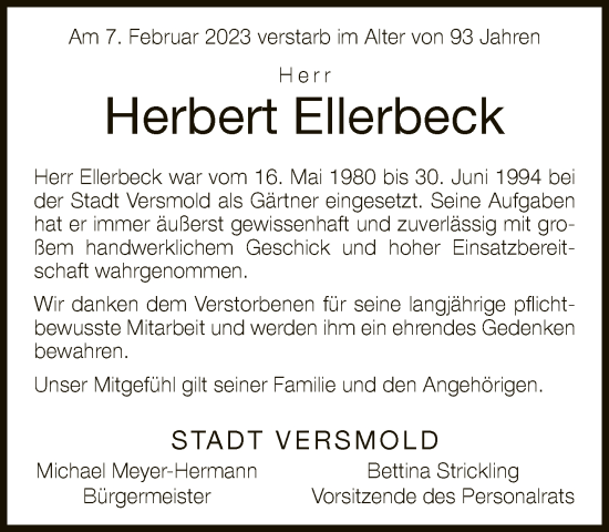 Traueranzeige von Herbert Ellerbeck von Neue Westfälische