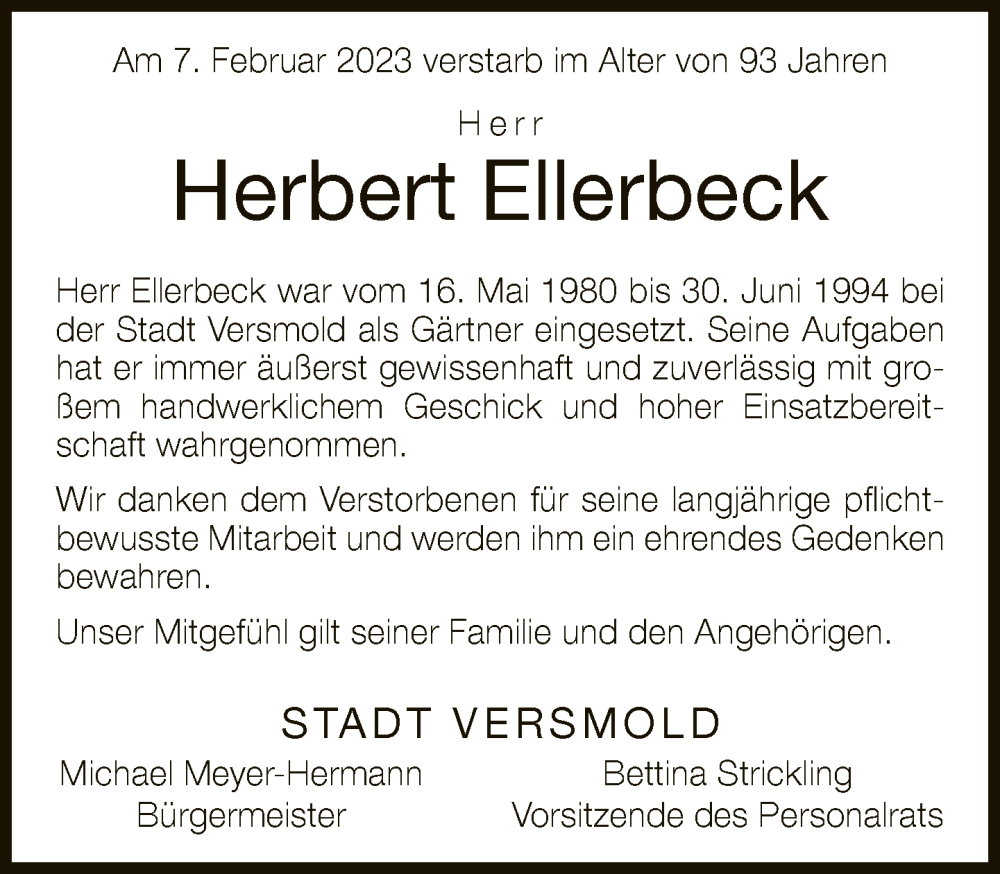  Traueranzeige für Herbert Ellerbeck vom 16.02.2023 aus Neue Westfälische