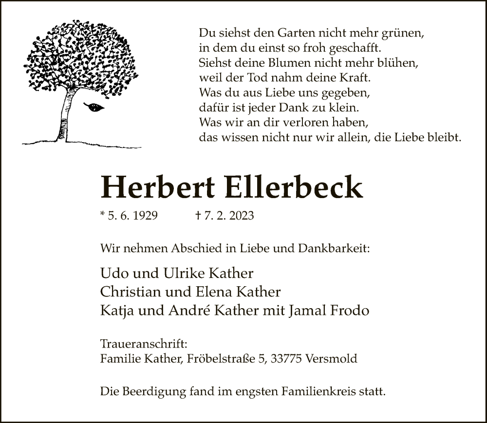  Traueranzeige für Herbert Ellerbeck vom 14.02.2023 aus Neue Westfälische