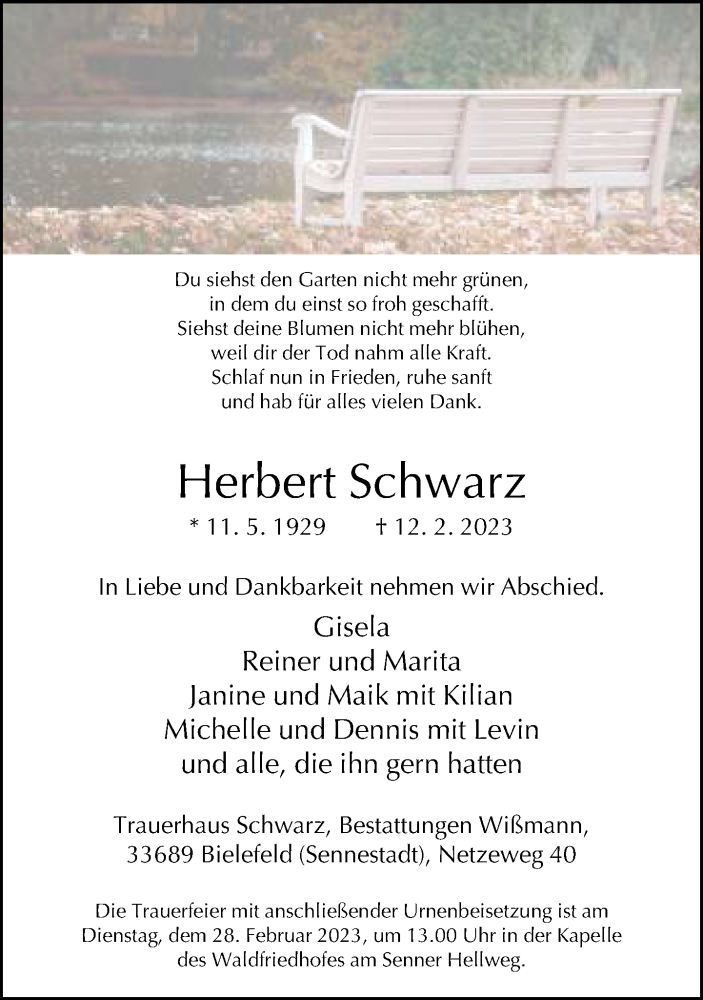  Traueranzeige für Herbert Schwarz vom 18.02.2023 aus Neue Westfälische
