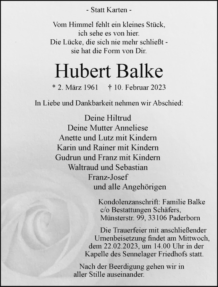  Traueranzeige für Hubert Balke vom 18.02.2023 aus Neue Westfälische