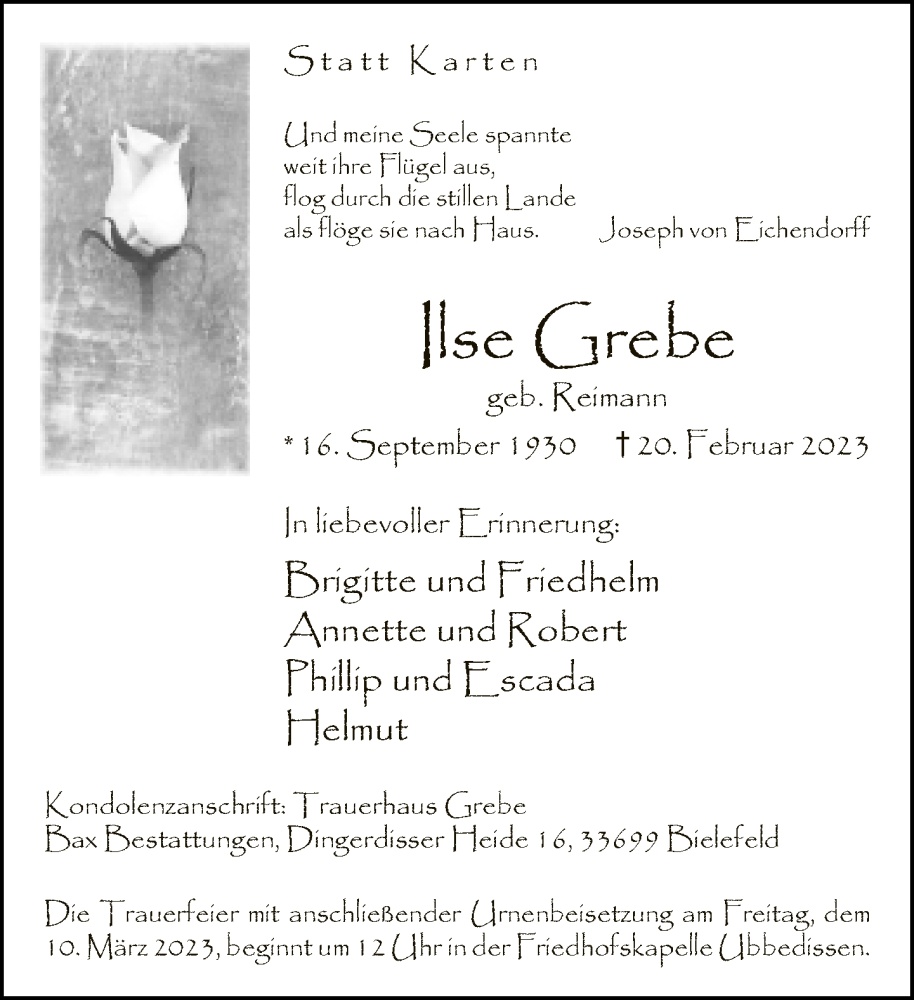  Traueranzeige für Ilse Grebe vom 25.02.2023 aus Neue Westfälische