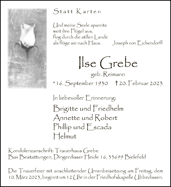 Traueranzeige von Ilse Grebe von Neue Westfälische