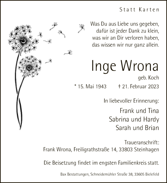 Traueranzeige von Inge Wrona von Neue Westfälische