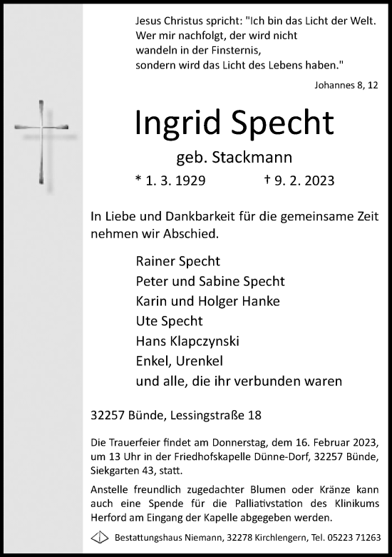 Traueranzeige von Ingrid Specht von Neue Westfälische