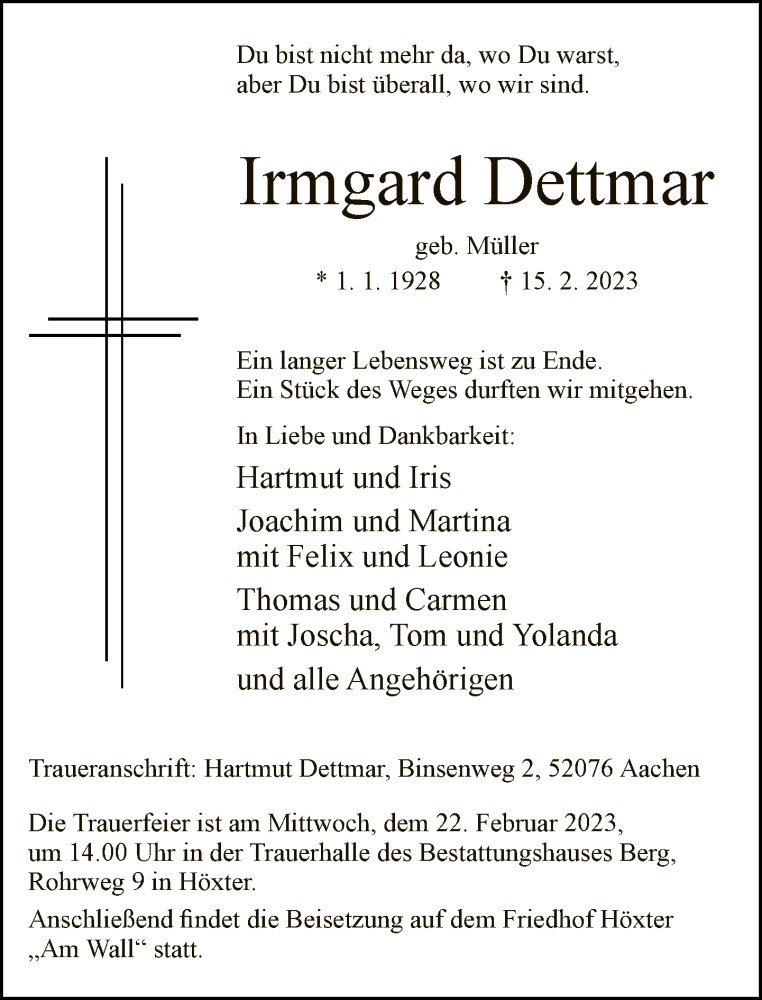  Traueranzeige für Irmgard Dettmar vom 18.02.2023 aus Neue Westfälische