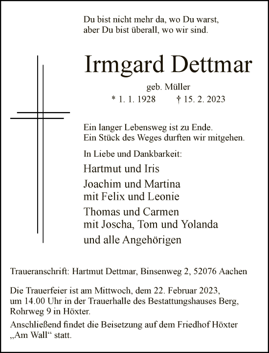 Traueranzeige von Irmgard Dettmar von Neue Westfälische