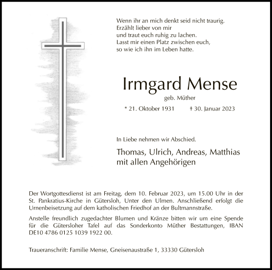 Traueranzeige von Irmgard Mense von Neue Westfälische